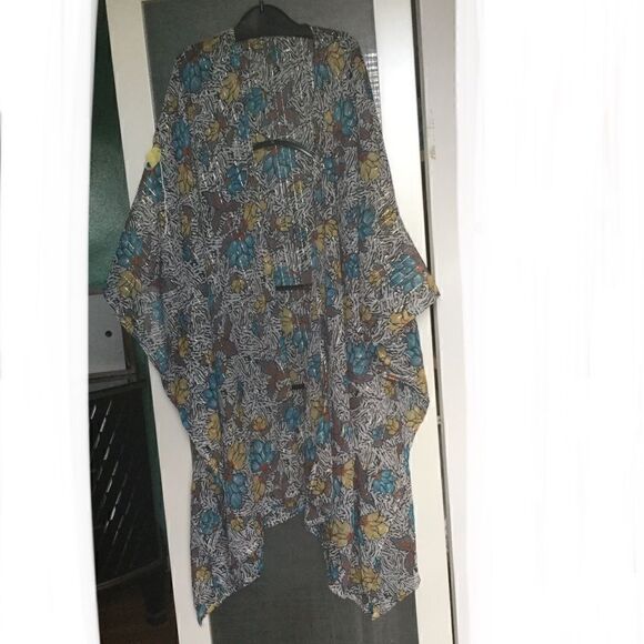 NWT L floral multicolor metallic Gold open kimono chiffon - Picture 6 of 8